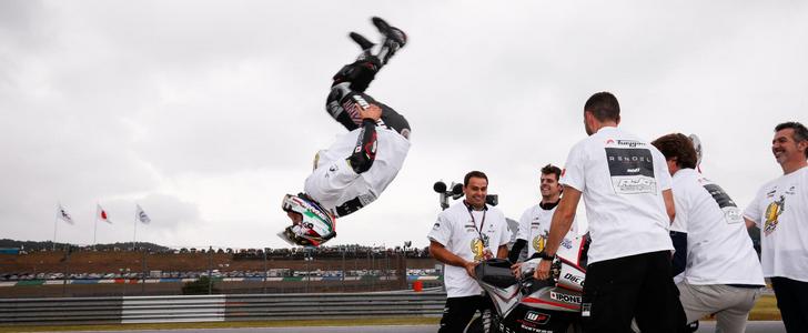 One of Johann Zarco's famous backflips that accompany his victories