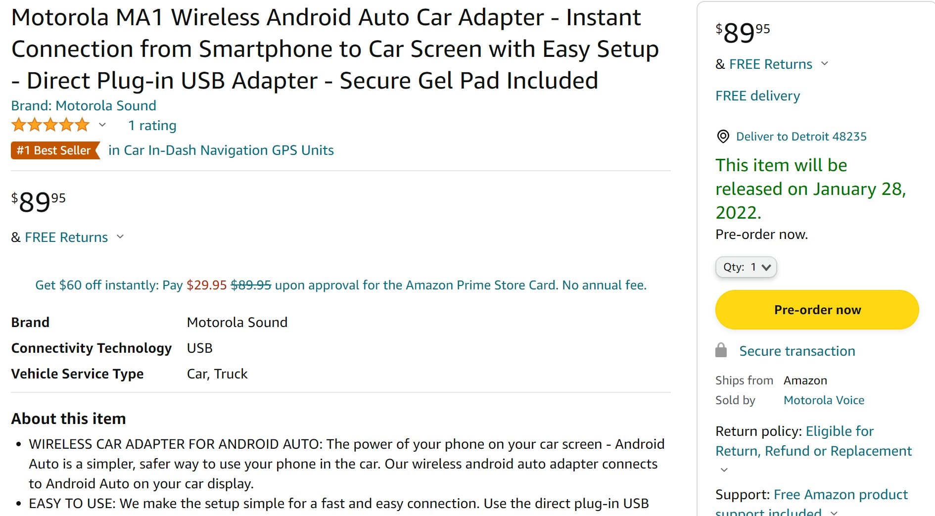 Motorola MA1 Wireless Android Auto Car Adapter Black