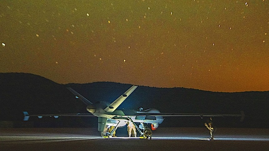 MQ-9 Reaper after landing on dirt patch of land