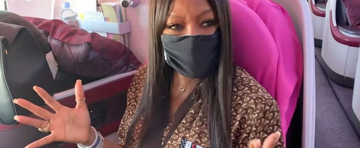 Naomi Campbell flies with a face mask because people cough and sneeze on planes
