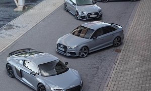 Nardo Grey Family Photo: Audi R8, RS3 Sedan, RS5 and RS3 Hatch