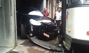 Narrow European Streets Cause Porsche Cayenne to Crash Into Tram