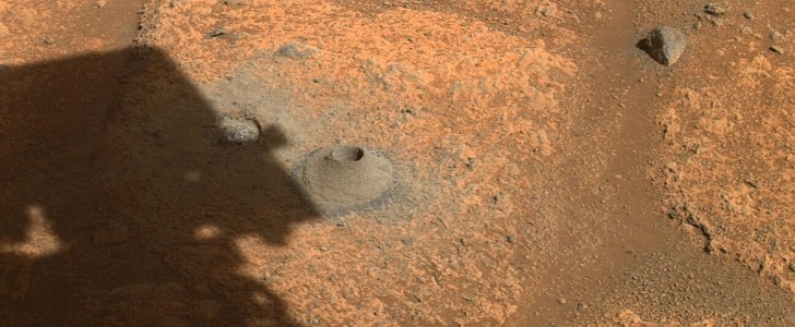 Image taken by NASA Perseverance rover showing the hole drilled in a Martian rock