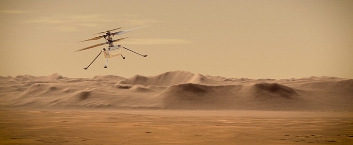 Illustration of NASA's Ingenuity helicopter taking to the sky on Mars
