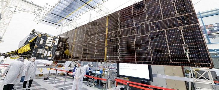 One of Psyche's solar arrays is deployed at NASA's JPL