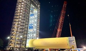 NASA Rights Space Launch System Huge Hydrogen Tank on Test Pad