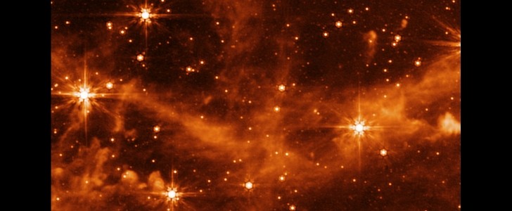 The same part of the Large Magellanic Cloud seen by NASA's retired Spitzer Space Telescope and the James Webb Space Telescope