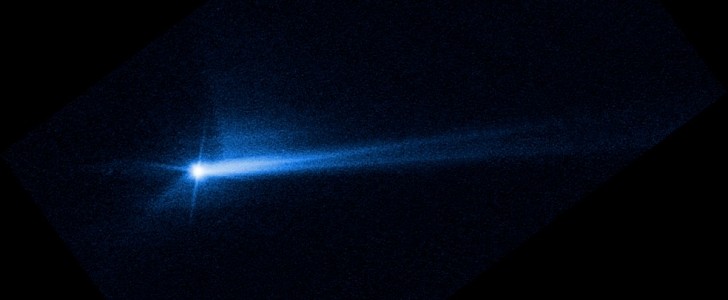 This imagery from NASA’s Hubble Space Telescope from Oct. 8, 2022, shows the debris blasted from the surface of Dimorphos 285 hours after the asteroid was intentionally impacted by NASA’s DART spacecr