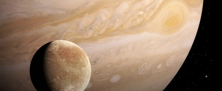Illustration of Ganymede orbiting Jupiter