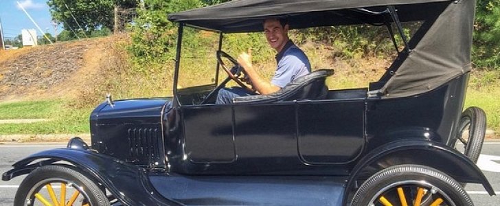 Joey Logano driving a Ford Model T