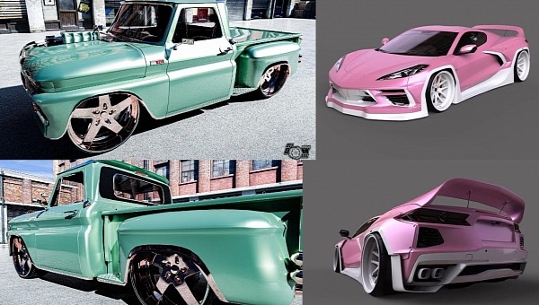 Chevy C10 Stepside on 28s & pink C8 Chevy Corvette widebody