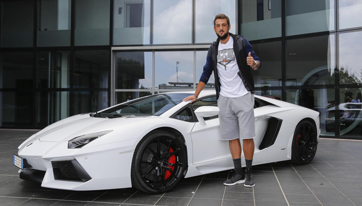 NBA Star Marco Belinelli poses with the Lamborghini Aventador