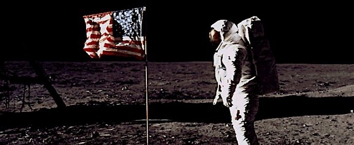 Buzz Aldrin and the U.S. flag on the Moon, July 20 1969