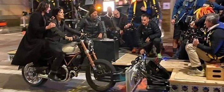 Keanu Reeves and Carrie-Anne Moss ride modified Ducati on Matrix 4 SF set