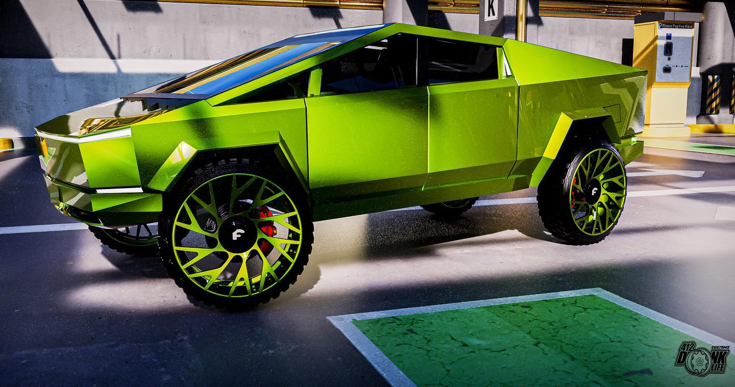 Digitally Wrapped Neon Green Tesla Cybertruck Sits Fashionably on