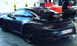 New 992 Porsche 911 GT3 Spotted at Gas Station, Sports Massive Rear Wing