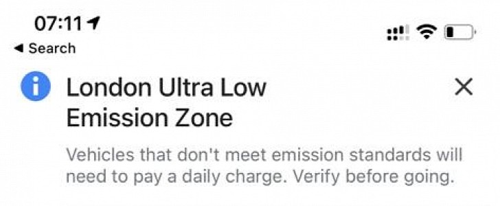 Low-emission zone warning on Google Maps