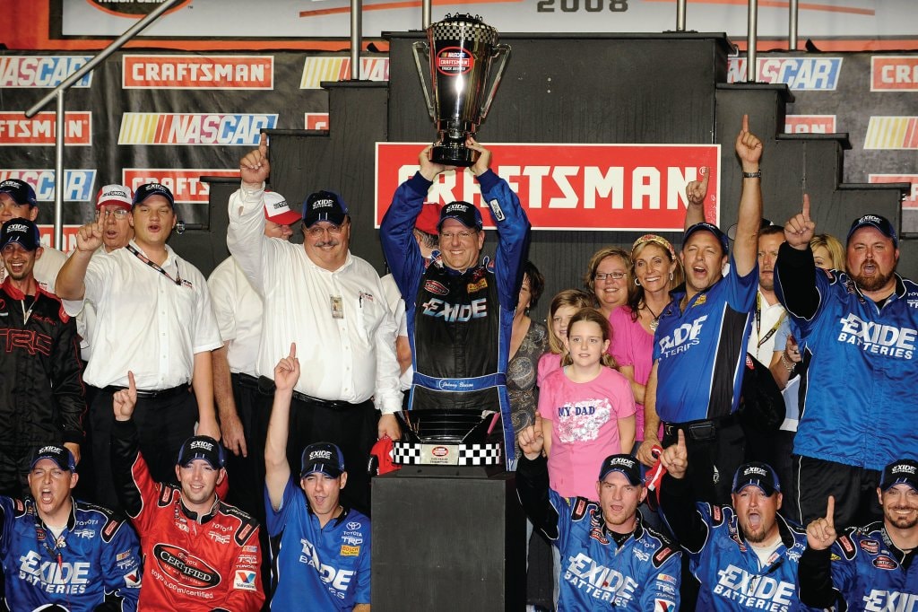 Bill Davis Racing's Johnny Benson celebrates winning the 2008 Truck Series