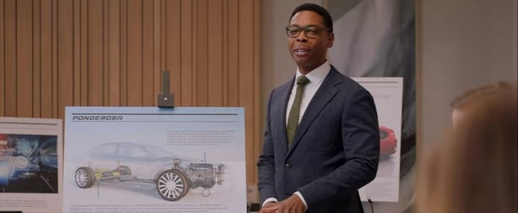 Screenshot from American Auto, NBC's latest sitcom, showing a vehicle design