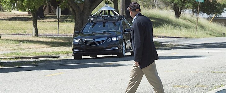 Acura prototype with autonomous driving technology encounters a pedestrian (used for illustration purposes)