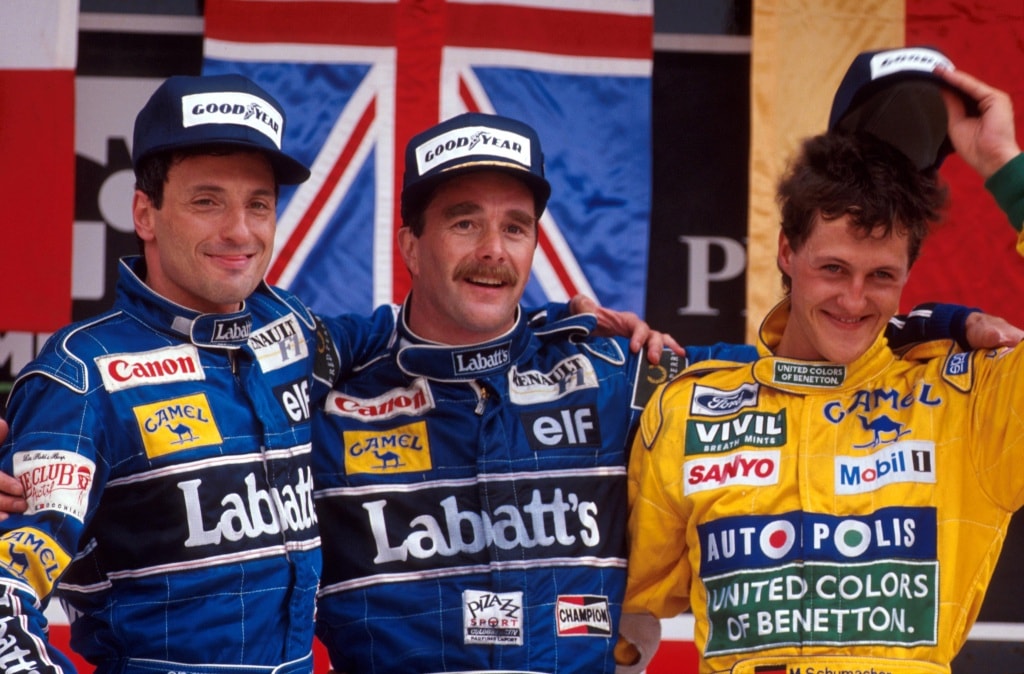 Nigel Mansell wins the 1992 Mexican GP, ahead of teammate Riccardo Patrese and Benetton's Michael Schumacher