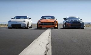 Nissan 240Z, 370Z, GT-R and Trophy Truck Face Off in Drag Race