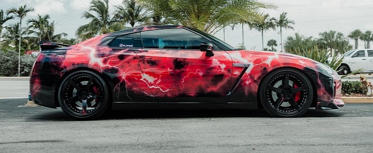 R35 Nissan GT-R with Red Lightning reflective wrap by MetroWrapz