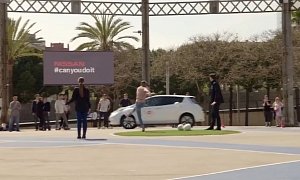 Nissan Leaf Becomes Moving Target for Blindfolded Wannabe Soccer Players