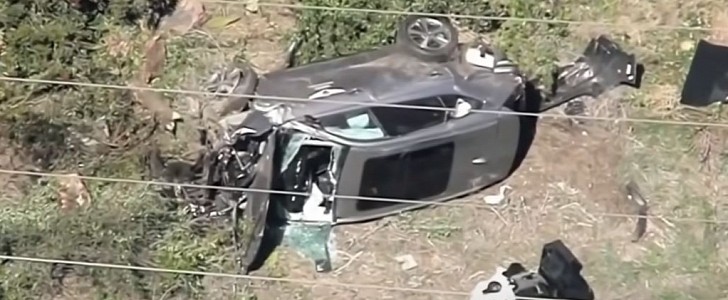 The Tiger Woods crash site in LA, with the remains of a Genesis GV80 