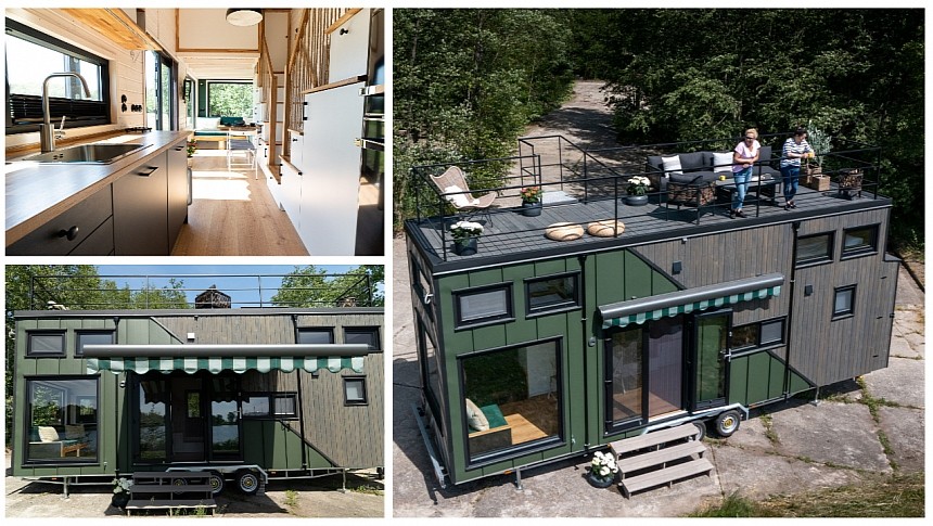 The Mobi Individual Peach is a custom tiny house that takes living outdoors with a rooftop terrace