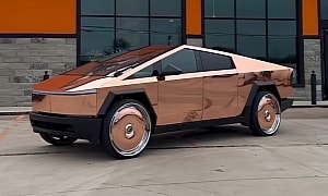 Now I've Seen Everything: Mirror Rose Gold Tesla Cybertruck Rides on Dual-Tone 30s