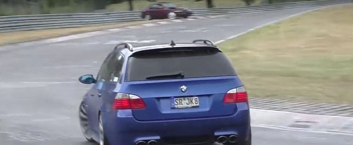 BMW M5 Touring Drifts By Just-Crashed Mercedes on Nurburgring