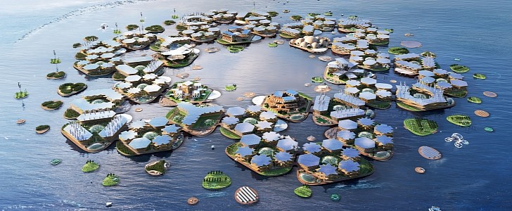 Oceanix City is a floating city made of independent platforms, able to withstand Category 5 hurricanes