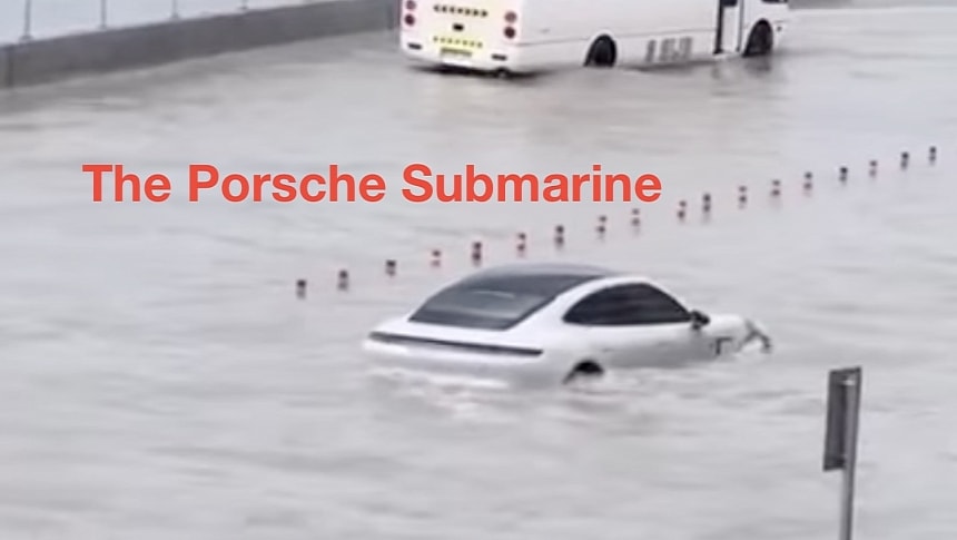 Porsche Taycan drives through deep water in Dubai
