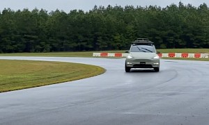 Off-Road Prepped Tesla Model Y Performance Goes for a Track Lap. In the Wet