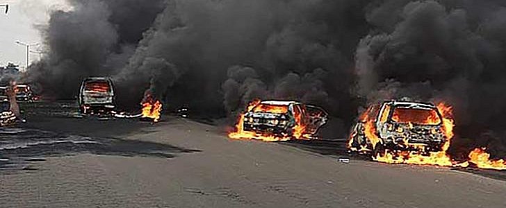Oil tanker crashes, causes massive fire on Lagos highway during traffic hour