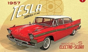 “Old” 1957 Tesla Model S Electro-Sedan Rendered With Atomic Power-Harnessing DNA