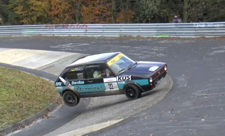 Old Golf GTI and Opel Kadett Crash at the Nurburgring's Karussell 