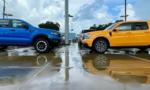 Cyber Orange 2022 Ford Maverick Meets Blue Ranger STX for Rainy Day Comparison