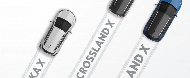 2018 Opel Grandland X next to Crossland X and Mokka X