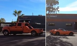 Original Tesla Roadster Enters Tug of War with Ford F-650 Tow Truck, Sort Of
