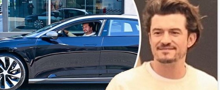 Orlando Bloom drives away in his brand new Lucid Air