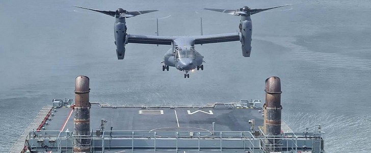 An Osprey aircraft operated with RFA Mounts Bay, for the first time in history