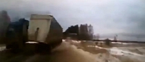 Out of Control Truck Barely Misses Oncoming Car