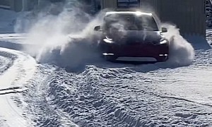 Overnight Snowfall Turns Tesla Model Y Into Neighborhood Plow