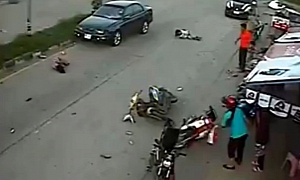 Painfully Reckless Scooter Rider Head-On Crash