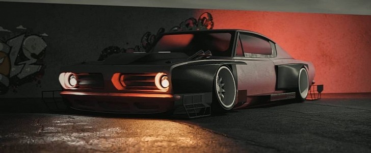Part-Carbon Plymouth Cuda pink slammed restomod rendering by altered_intent 