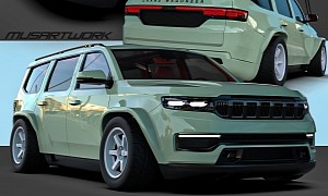 Pastel Green Jeep Grand Wagoneer Rides CGI Wide and Slammed on Forged TE37s