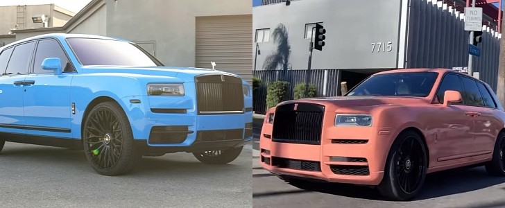 Custom Peach, Blue, and Black Rolls-Royce Cullinan ultra-luxury SUVs