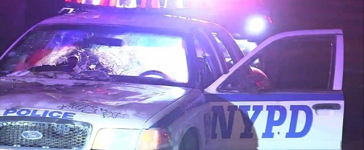 Stolen prop NYPD car from Philadelphia, with a busted window